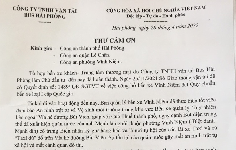 Công ty TNHH vận tải Bus Hải Phòng gửi thư cảm ơn